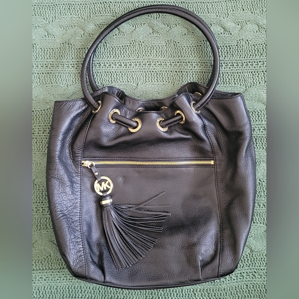 Michael Kors Black Leather Shoulder Bag with Gold Details